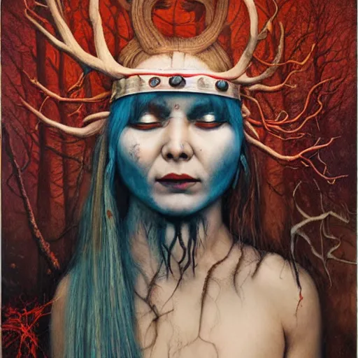 Image similar to A young blindfolded shaman woman with a decorated headband from which blood flows, in the style of heilung, blue hair and wood on her head. The background is a forest on fire, made by Esao Andrews and Karol Bak and Zdzislaw Beksinski,