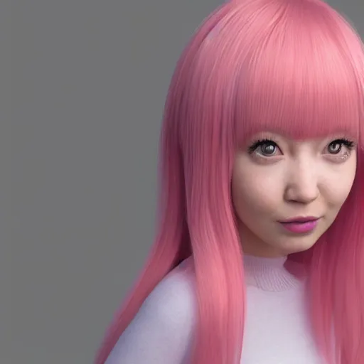 Image similar to A Selfie portrait of Nikki from Shining Nikki and Love, a cute 3d cgi toon young woman with long light pink hair, full bangs, hazel eyes, full face, light makeup, pale skin, Chinese heritage, cute outfit, medium shot, mid-shot, hyperdetailed, 8k, trending on artstation, as a Pixar character