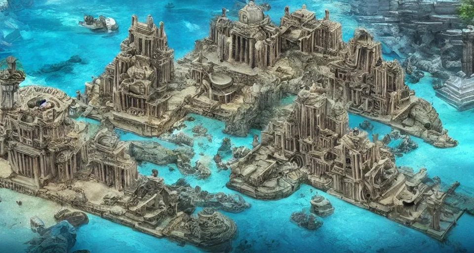 Image similar to a magnificent underwater photo of the lost city of Atlantis, fully built buildings, hyper detailed, 4K