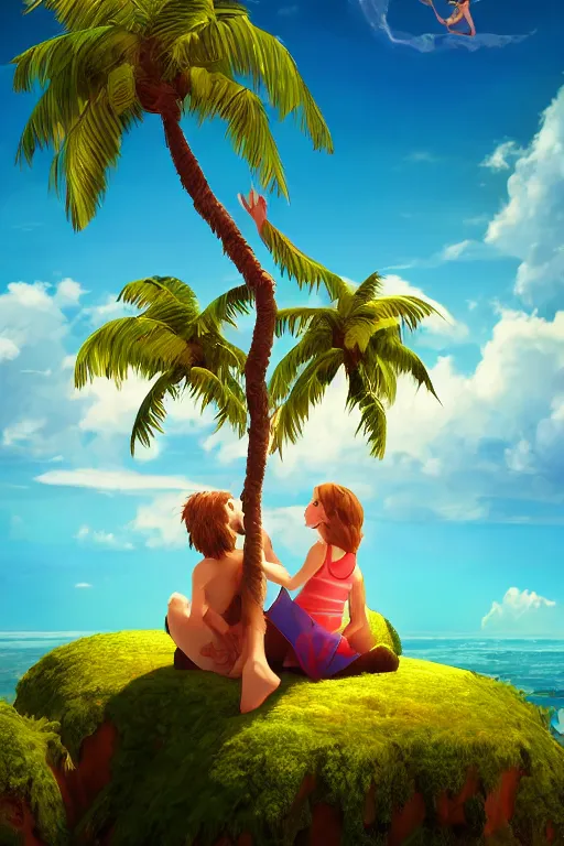 Prompt: conceptual art of one loving couple sitting on a cloud with palms, high in the sky above a paradisiac ocean, mattepainting concept pixar maya engine on stylized background global illumination lighting artstation in the style of MIYASAKI