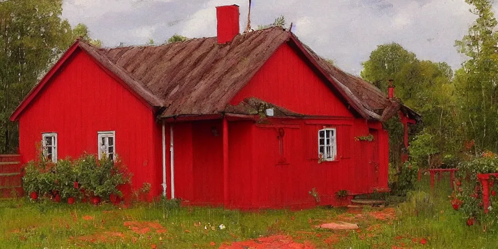 Image similar to a swedish red cottage in the style of ilya repin