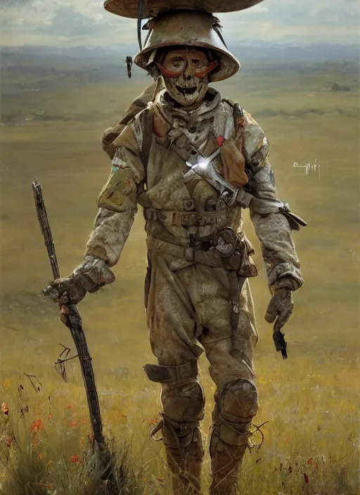 Prompt: a soldier's helmet hung over a scarecrow in the middle of a battlefield. by Daniel F. Gerhartz, hyperrealistic oil painting, 4k, studio lightning, very detailed face