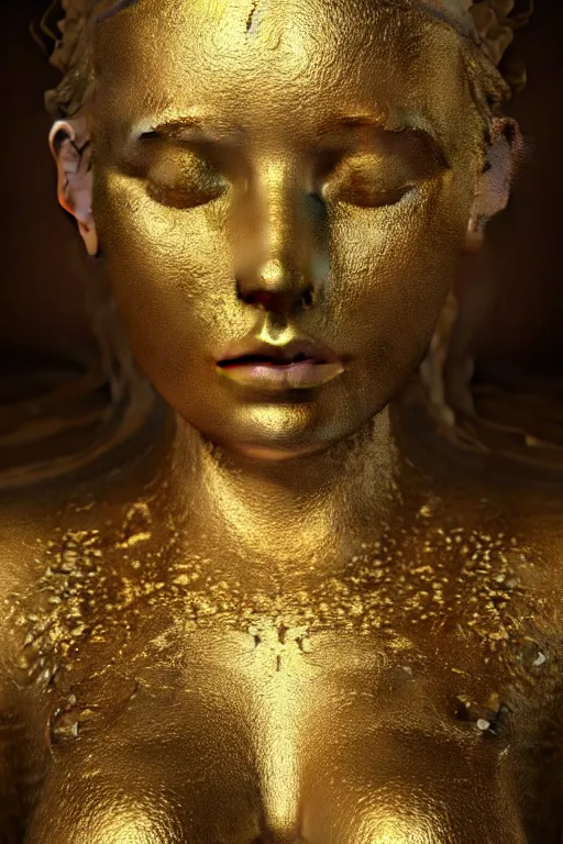 Image similar to a photorealistic portrait of a goddess, floating in the middle of a ancient wood, ((Gold fluid simulation in the background), perfectly proportioned face, perfect eyes, intricate, elegant,ultra super good realistic 3D render by Pete Morbacher and Emil Melmoth, insanely detailed, trending on artstation