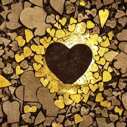 Image similar to heart made of gold smashed on the ground and broken into pieces