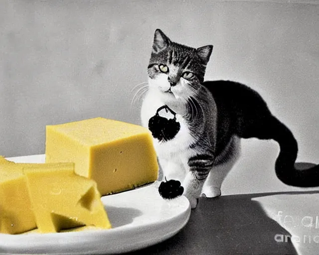 Prompt: 1970's cookbook color photograph of cat made from cheese sharp detail high detail