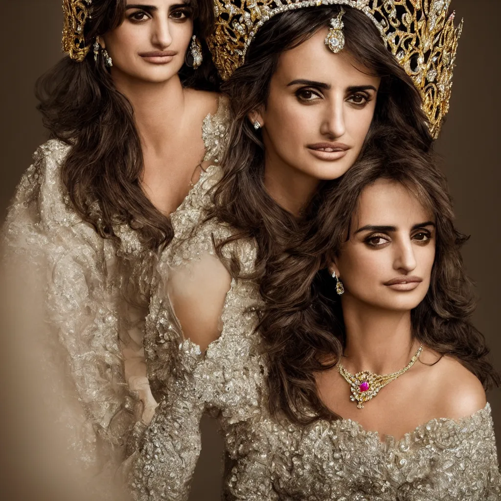 Prompt: penelope cruz as the princess of england, big crown adorned with emerald, diamonds, topaz, gold, ruby and other jewellaries, sensual, beautiful soft light failling on her face, zoomed out, studio photography, nikon 3 5 mm portrait photography, ultra realistic