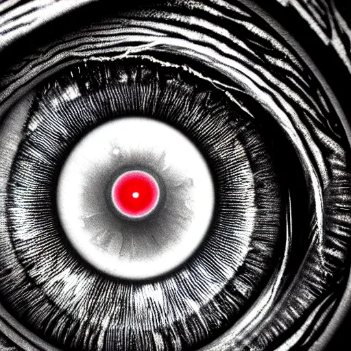 Image similar to a detailed extremely close up of inside the iris, cornea, red image, microscopic, extremely close up drawing by junji ito, cgsociety, generative art, lovecraftian, parallax, cosmic horror, extremely detailed, hyperrealism, unreal engine, octane render, award winning, masterpiece, highly detailed, realistic, 4 k, digital