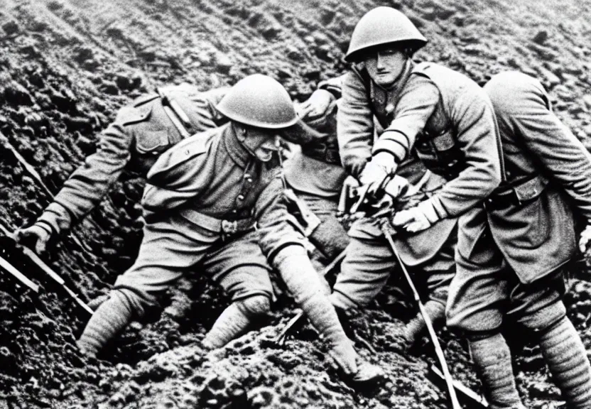 Image similar to detailed photo of queen elizabeth ii fighting in the trenches in ww 1