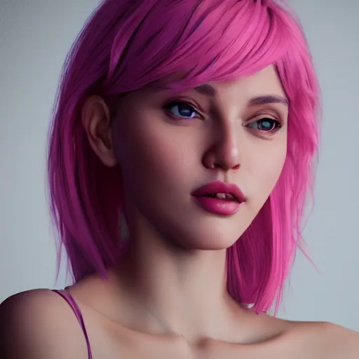 Prompt: the most beautiful woman in the world, in the style of julia razumova, beautiful, happy expression, cheery, unreal engine, octane rendering, 8 k, closeup headshot, smooth, trending on artstation, digital illustration, pink hair