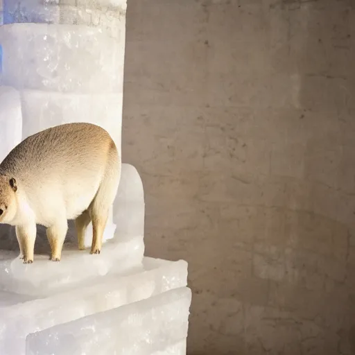 Prompt: ice carving of a capybara set up on a marble pillar at a modern museum, brightly lit