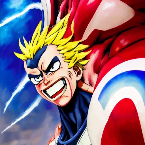 Image similar to an oil painting of a all might from my hero academia by artgerm, hero costume, middle ages, hd, hdr, ue 5, ue 6, unreal engine 5, third dimensional, cinematic 4 k wallpaper, 8 k, ultra detailed, gta 5 cover art, comic book black lines, high resolution, artstation, award winning