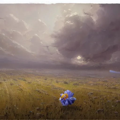 Image similar to Single blue flower growing on an ashen field, apocalyptik city, clouded sky, oil painting, by Greg Rutkowski