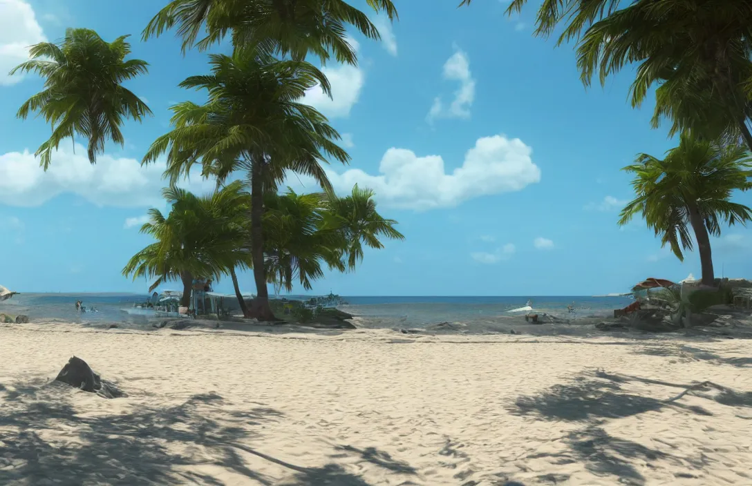 Prompt: on the beach by the sea, afternoon, very real, unreal engine rendering