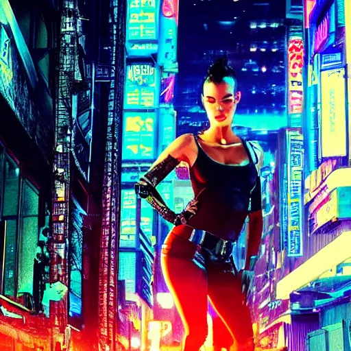 Prompt: cyberpunk megan fox, standing on a cyberpunk street at night, streets are lit with neon lights