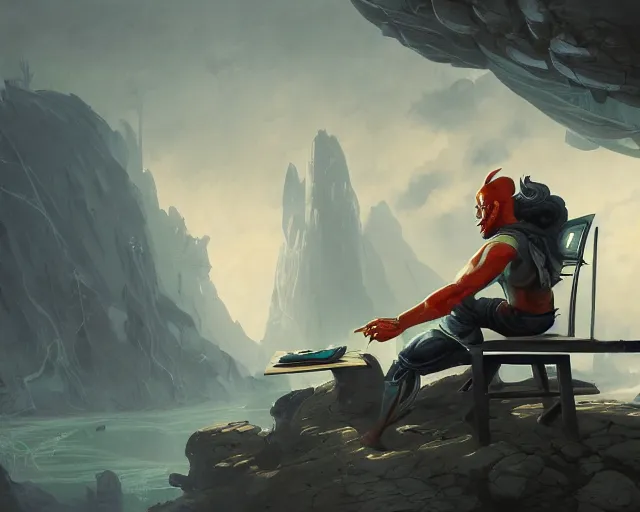 Prompt: an insanely detailed painting of an asian man wearing a homemade superhero costume, sitting at a desk, staring at the nervously at the computer and typing, in the style of peter mohrbacher, dramatic lighting and composition, surreal background, octane render, pixar, trending on artstation, concept art, comic book, view from behind