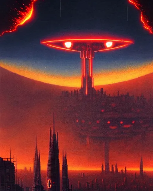 Prompt: giant robot with ominously glowing red eyes stands on top of city that is on fire, concept art, intricate details, highly detailed, vintage sci - fi poster, retro future, in the style of chris foss, rodger dean, moebius, michael whelan, and gustave dore