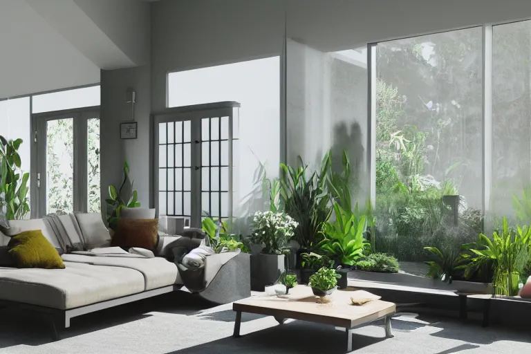 Image similar to a modern indoor room, open doors to garden, architecture a couch table some lush plants daylight 8 k octane render