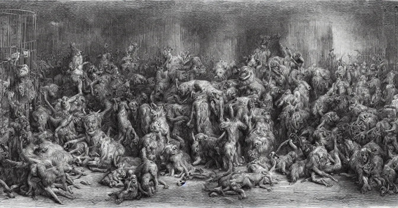 Prompt: One hundred politicians are locked in a cage in the zoo, the other animals are free to graze outside the cage, by Gustave Dore