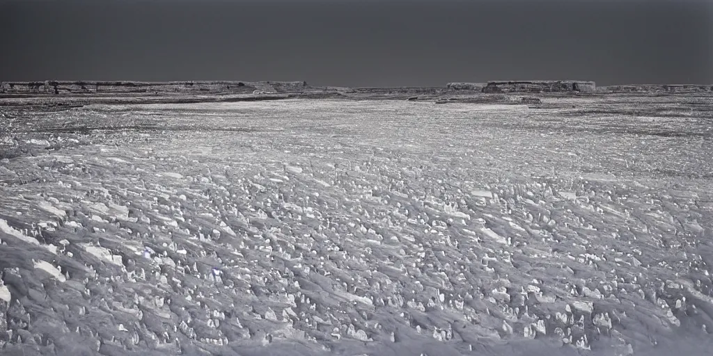 Image similar to photo of green river, wyoming cliffs covered in ice and snow, during a snowstorm. a old man in a trench coat and a cane appears as a hazy silhouette in the distance, looking back over his shoulder. cold color temperature. blue hour morning light, snow storm. hazy atmosphere. humidity haze. kodak ektachrome, greenish expired film, award winning, low contrast.