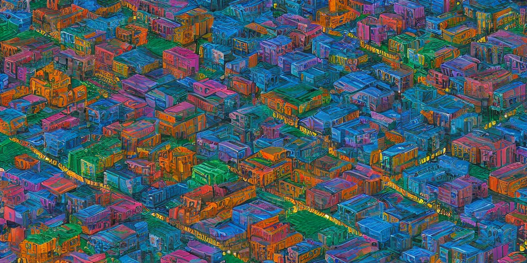 Image similar to isometric colorful 3D rendering of favelas surrounding San Francisco in 2038, Blender 3D, evening, lights on, electric wiring everywhere, shanties made of recycled material and corrugated metal. Panoramic