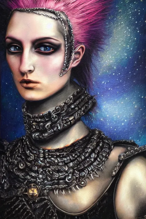 Image similar to hyperrealism oil painting, close - up portrait of punk gothic medieval brunette fashion model, knight, steel gradient mixed with nebula sky, in style of baroque