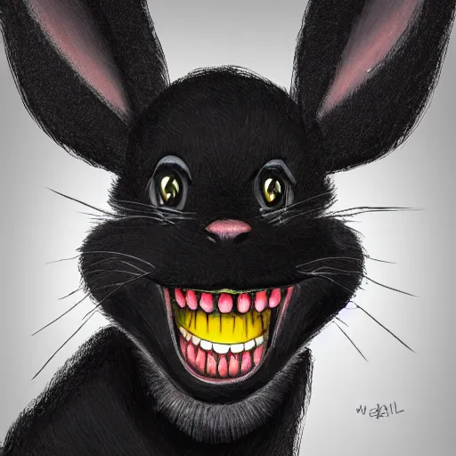 Image similar to A extremely highly detailed majestic hi-res beautiful, highly detailed head and shoulders portrait of a scary terrifying, horrifying, creepy black cartoon rabbit evil laughing standing up wearing pants and a shirt in the style of Walt Disney