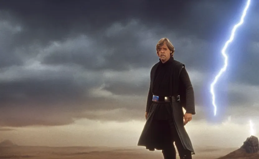 Image similar to screenshot portrait of Luke Skywalker in a lightning battlefield looking at the ghost of emporer palpatine, with scattered ruins of a fiery jedi rock temple, iconic scene from 1970s film by Stanley Kubrick, last jedi, 4k HD, cinematic lighting, beautiful portrait of Mark Hammill, moody scene, stunning cinematography, mcu effects, anamorphic lenses, kodak color film stock