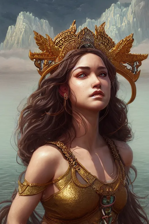 Image similar to goddess of lake, highly detailed, d & d, fantasy, highly detailed, digital painting, trending on artstation, concept art, sharp focus, illustration, art by artgerm and greg rutkowski and fuji choko and viktoria gavrilenko and hoang lap