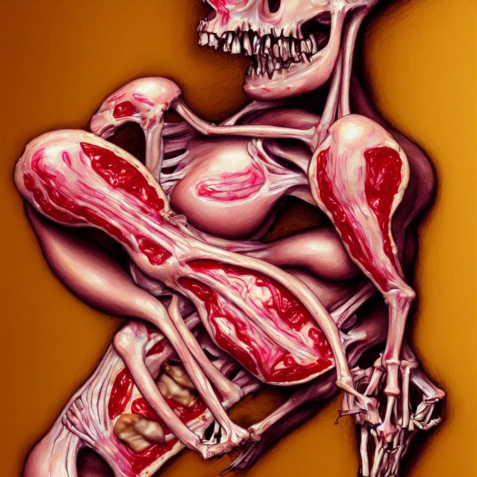 Image similar to bright realistic anorexic ribs boney obese eating herself to death, pizza, appartment, rotten flesh, diffuse lighting, fantasy, intricate, elegant, highly detailed, lifelike, photorealistic, digital painting, artstation, illustration, concept art, smooth, sharp focus, art by francis bacon