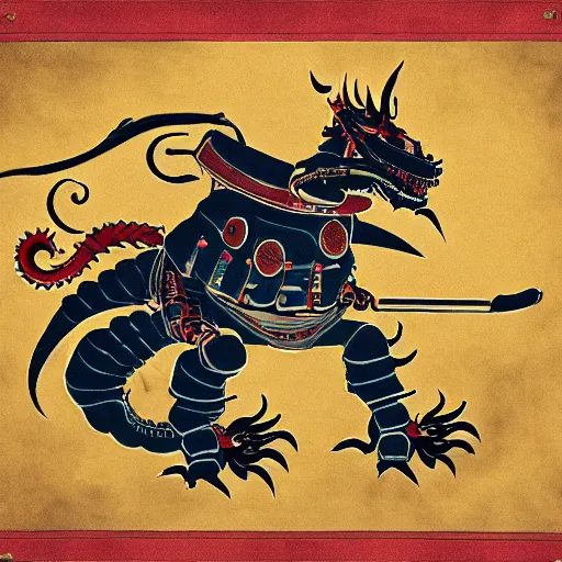 Image similar to robot samurai pets dragon, medieval style, speechclouds