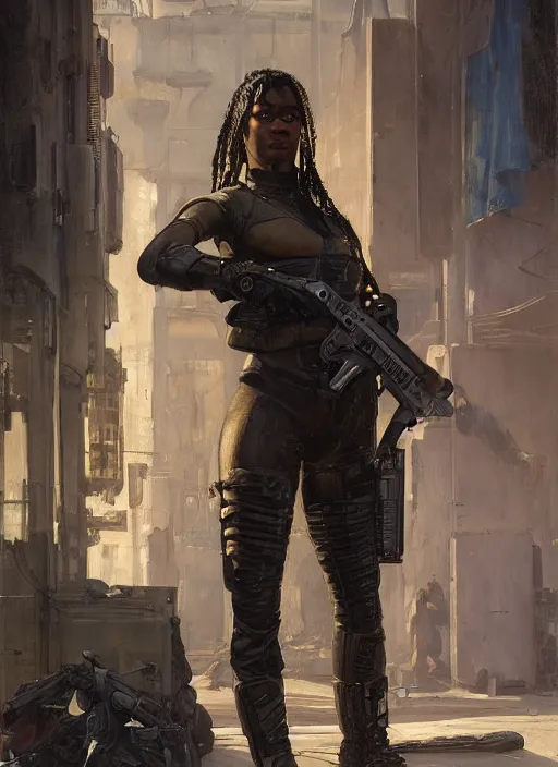 Image similar to maria igwe. cyberpunk mercenary wearing a military vest and combat jumpsuit. (Cyberpunk 2077, bladerunner 2049). Iranian orientalist portrait by john william waterhouse and Edwin Longsden Long and Theodore Ralli and Nasreddine Dinet, oil on canvas. Cinematic, hyper realism, realistic proportions, dramatic lighting, high detail 4k