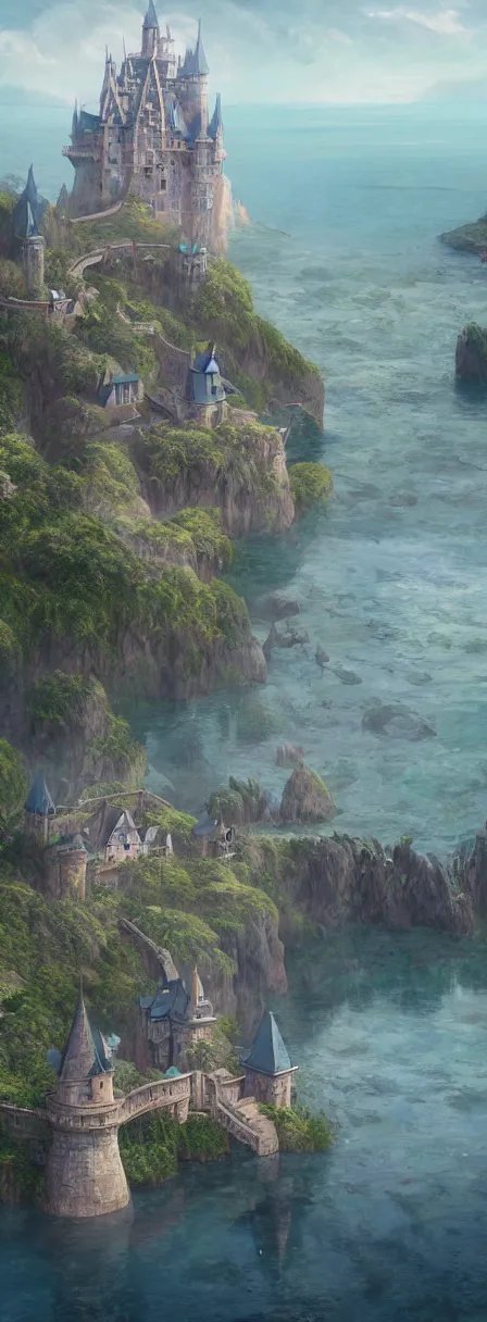 Image similar to a painting of a castle in the middle of a body of water, a detailed matte painting by hayao miyazaki, cgsociety, fantasy art, anime aesthetic, official art, anime