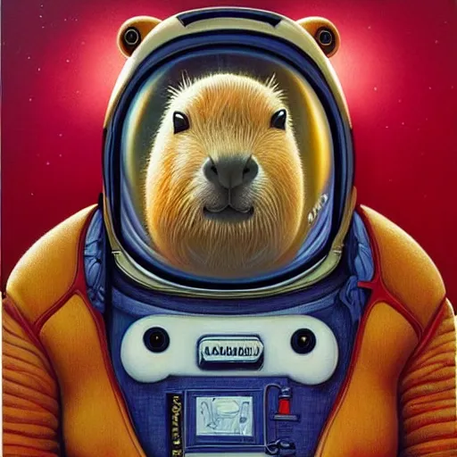 Image similar to beautiful detailed and adorable portrait of a capybara astronaut in a spacesuit by casey weldon by mark ryden by thomas blackshear, super cute, new contemporary, pop surrealism, oil painting