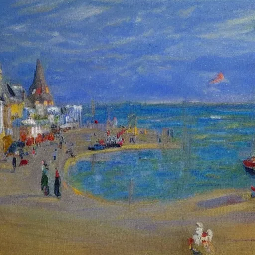 Image similar to a town by the seaside, impressionist