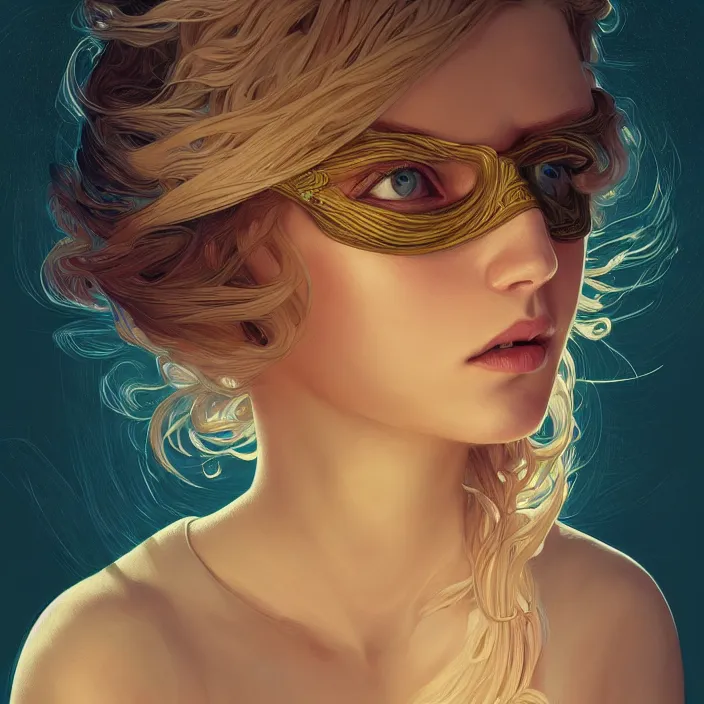 Image similar to blindfold handsome young women with shoulder length blonde hair, symmetrical, half body shot, path traced, highly detailed, high quality, digital painting, alena aenami, lilia alvarado, shinji aramaki, karol bak, alphonse mucha, tom bagshaw