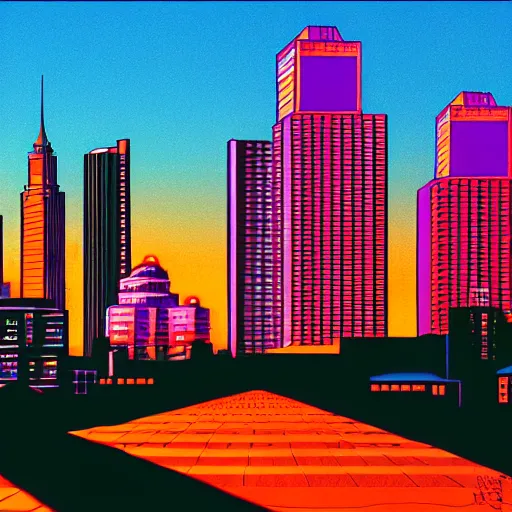 Prompt: a north american city at sunset, 1 9 9 0 s, wideshot, skyline, bright sky with orange / purple undertones, in the style of hiroshi nagai