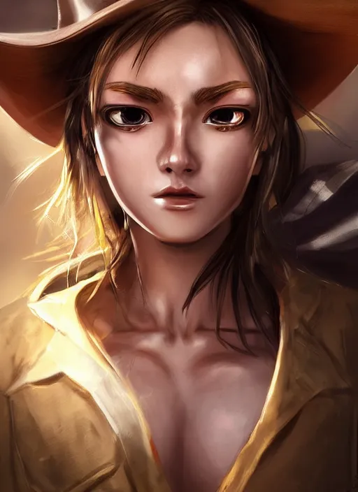 Image similar to a portrait one person, complexity, global lighting, detail, ultra sharpness, beautiful female sheriff body from games yoshihiro togashi style, big eyes, plump lips, a gunshot, global lighting, western saloon theme, detailed faces, blank faces, style by huyy nguyen,