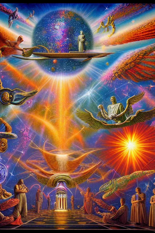 Prompt: a photorealistic detailed image of spiritual evolution, science, divinity, utopian, triumphant, cinematic, mathematics, futuristic, by jason felix, david a. hardy, kinkade, lisa frank, wpa, public works mural, socialist