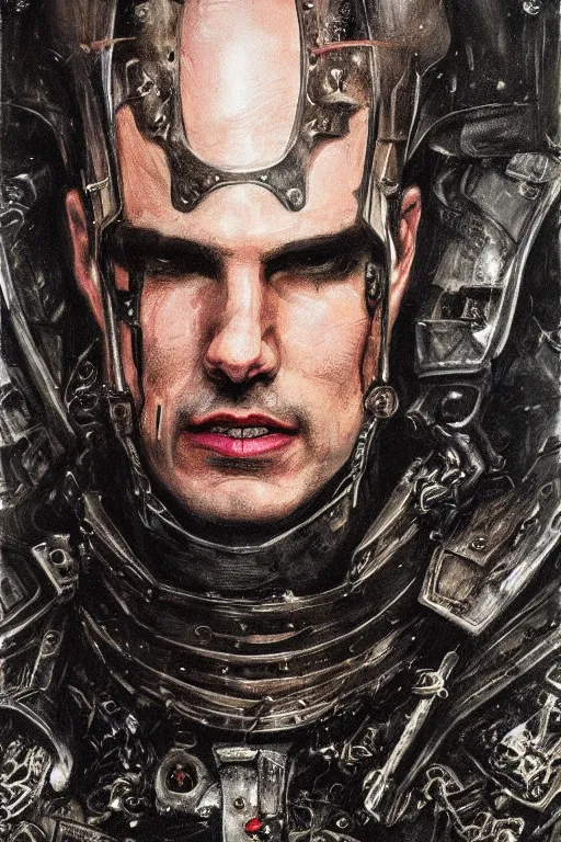 Prompt: portrait of brutal gothic Tom Cruise in armor, cyberpunk, Warhammer, highly detailed, artstation, illustration, art by Gustav Klimt