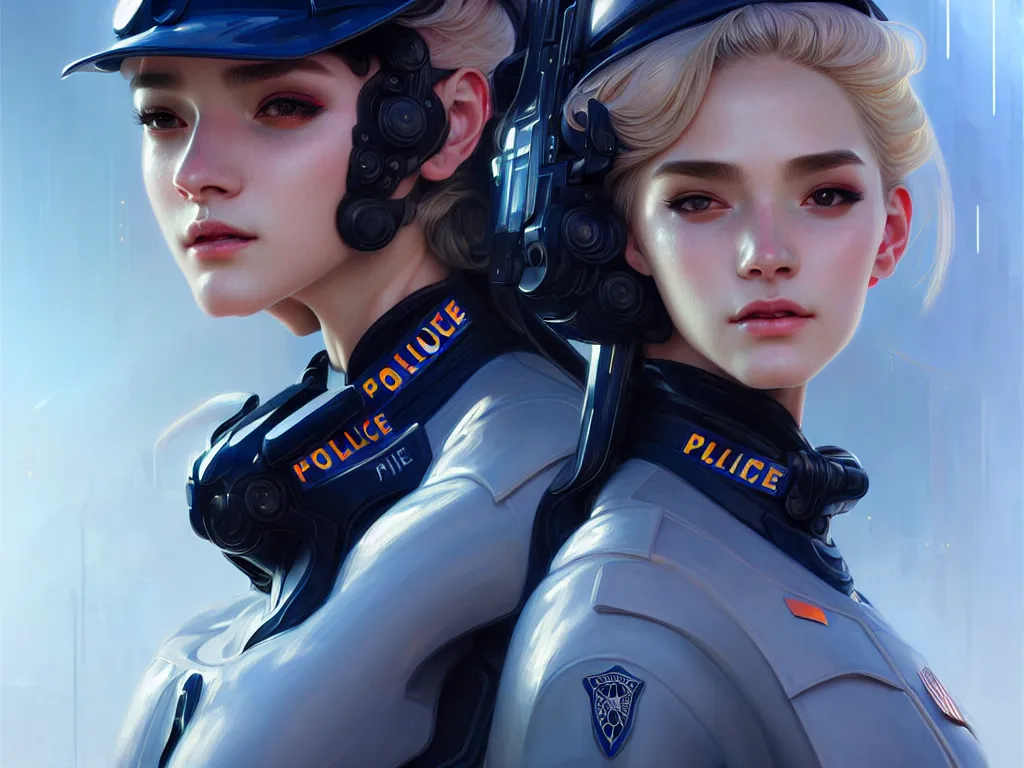 Prompt: portrait futuristic usa police uniform girl, at future neon light rooftop, ssci - fi and fantasy, intricate and very very beautiful and elegant, highly detailed, digital painting, artstation, concept art, smooth and sharp focus, illustration, art by tan zi and ayanamikodon and alphonse mucha and wlop