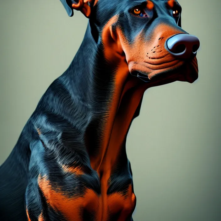 Image similar to portrait of Doberman as skeleton. intricate abstract. intricate artwork. by Tooth Wu, wlop, beeple, dan mumford. octane render, trending on artstation, greg rutkowski, very coherent symmetrical artwork. cinematic, hyper realism, high detail, octane render, 8k, iridescent accents, deep blacks