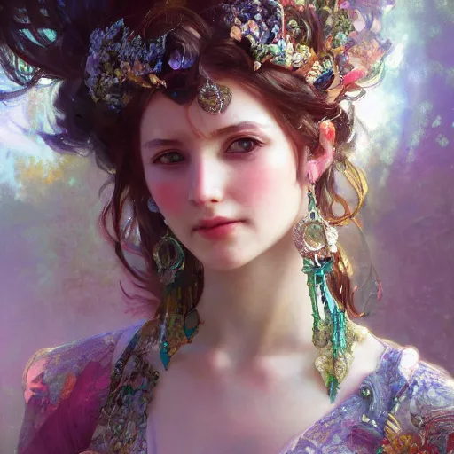 Image similar to a beautiful noami osaka, adorned with precious stones, tiara and necklace by jeremy mann and alphonse mucha, photo realistic, dynamic lighting, windy, artstation, poster, dreamy, volumetric lighting, ethereal, 4 k, high detail