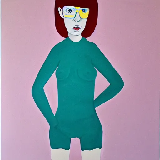 Image similar to painting of cute girl, full stature, in style of patrick caulfield, photorealistic