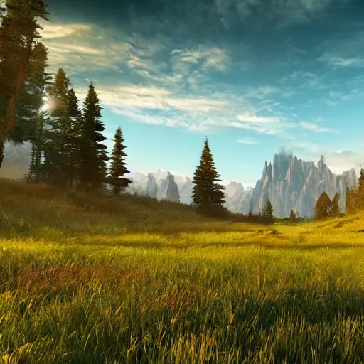 Prompt: magical landscape with a meadow in the foreground, a forest in the background and a mountain on the horizon, realistic, detailed, cinematic light, art by unreal engine 5 art-w1280