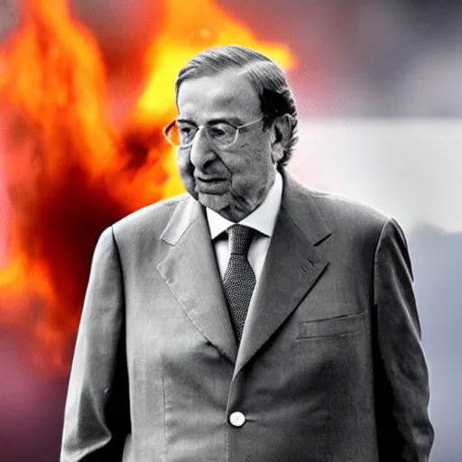 Image similar to high quality picture of florentino perez smoking a cigar, the camp nou burning in the background