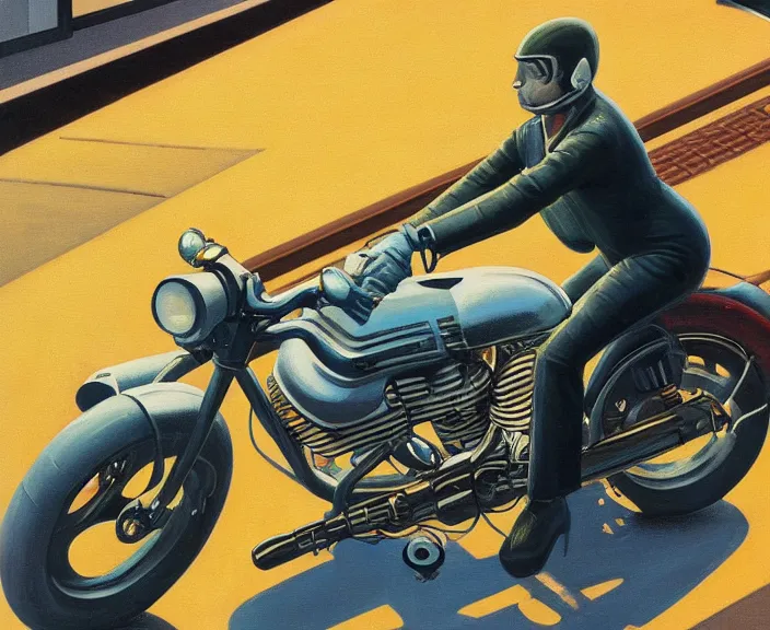 Image similar to a very detailed painting of a astronaut wearing a suit, riding a motorbike down a street, harley davidson motorbike, worm's - eye view, very fine brush strokes, very aesthetic, very futuristic, in the style of edward hopper and grant wood and syd mead, 4 k,