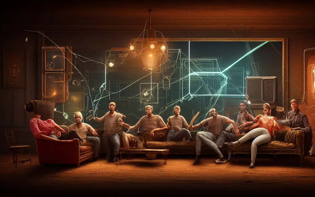 Image similar to A group of people sitting on an old couch in an old room with dusty antique furniture all around, very detailed, cyberpunk wires and oled monitors on the walls, digital displays and holographic projections, ultrarealistic, dramatic lighting, electrical details, high details, 4k, 8k, best, accurate, trending on artstation, artstation, photorealism, ultrarealistic, digital painting, style of Caravaggio, Boris Vallejo