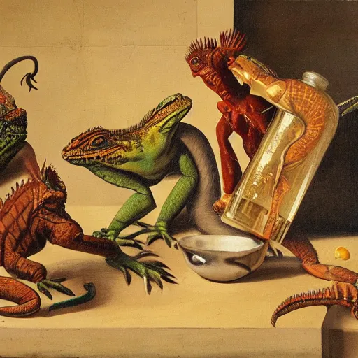 Prompt: iguana drinking tequila, baroque painting