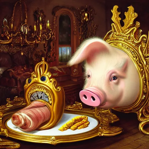 Image similar to pig wearing gold crown eating polish sausage, Realistic, Regal, Refined, Detailed Digital Art, Michael Cheval, Walt Disney (1937), François Boucher, Oil Painting, Steampunk, Highly Detailed, Cinematic Lighting, Unreal Engine, 8k