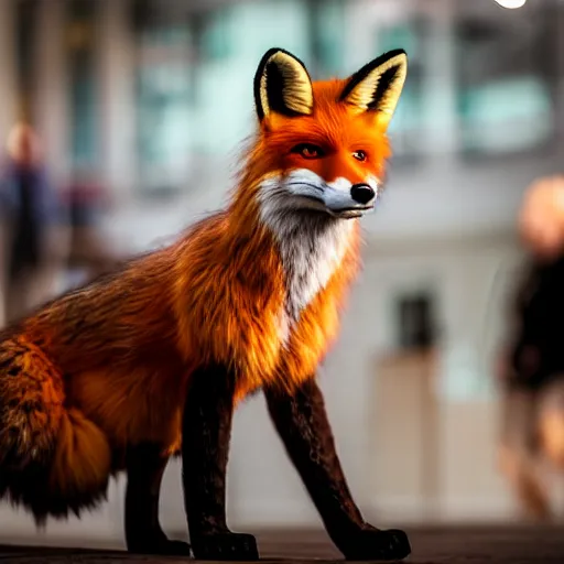 Image similar to portrait of a realistic fox fursuit at a furry convention, indoors, midday, realisitc bokeh photo